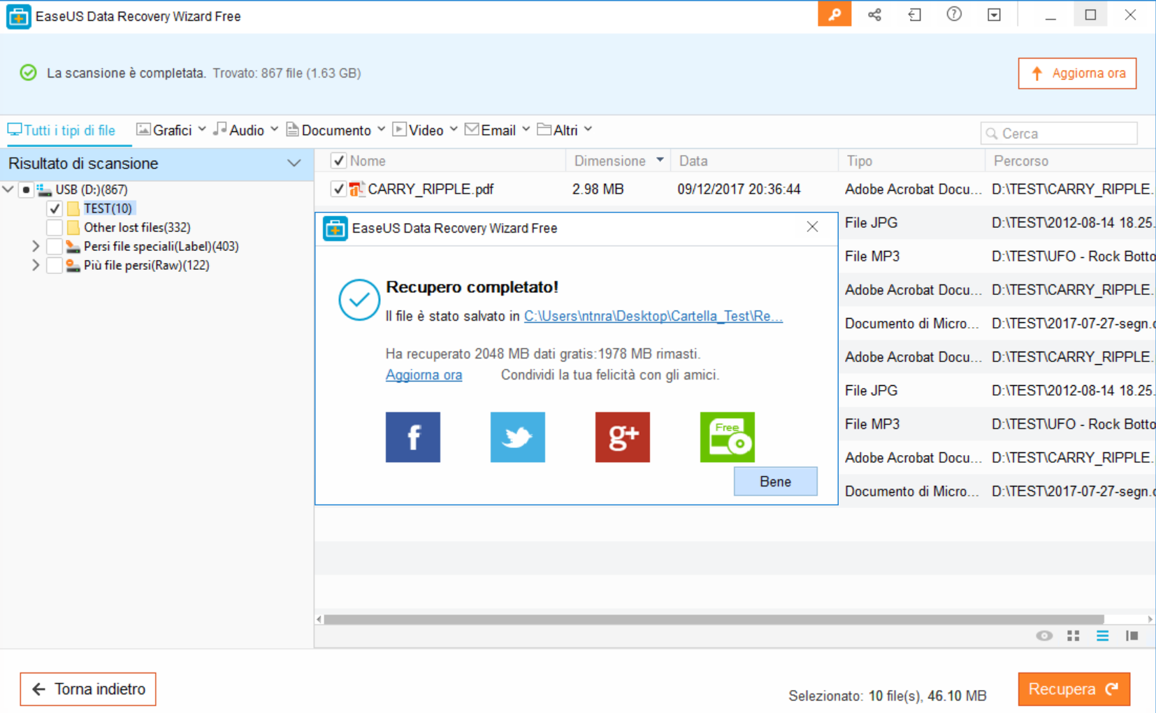 EaseUS Data Recovery Wizard recupero effettuato