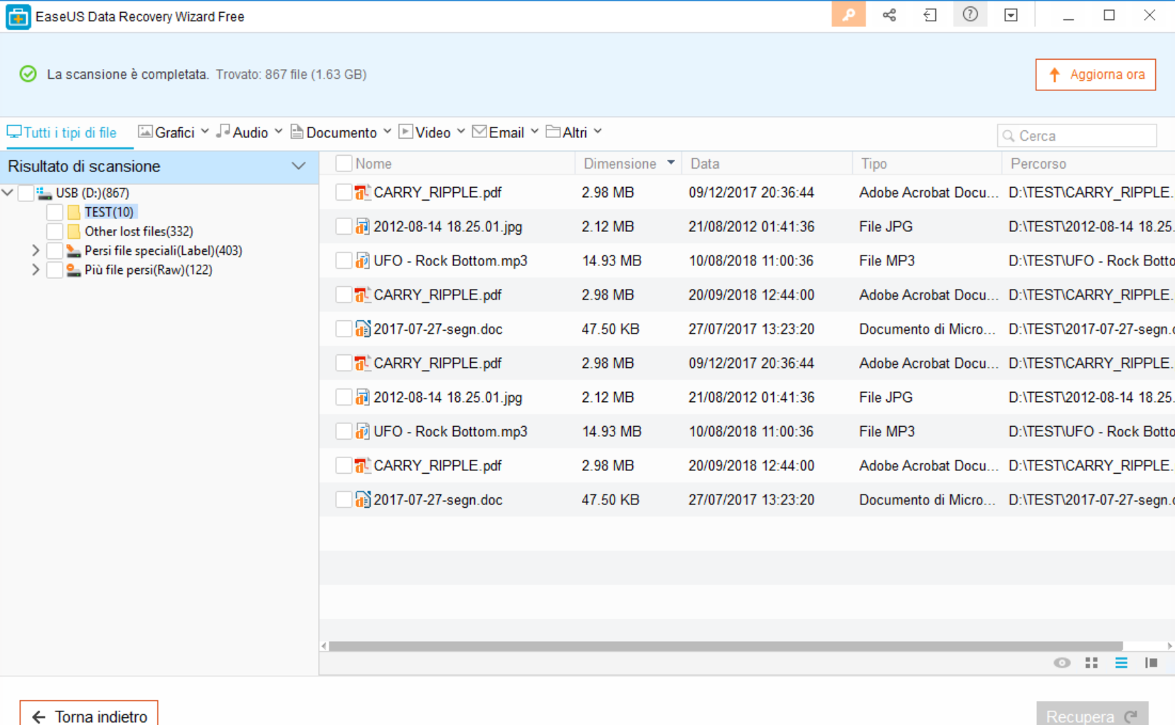 EaseUS Data Recovery Wizard scansione completata