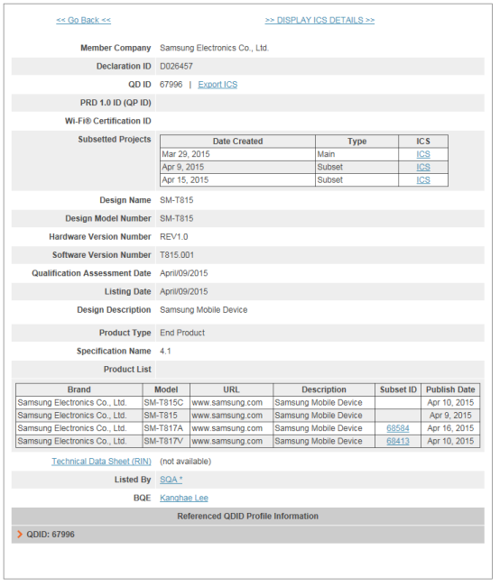 Samsung Galaxy Tab S 2 certificato