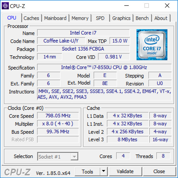 CPUz: Intel Core i7-8550U