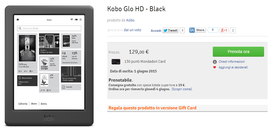 Kobo Glo HD nero in preordine in Italia a 129€