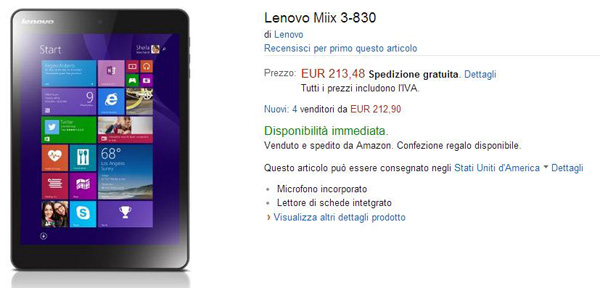 Lenovo Miix 3-830 da 8 pollici da Amazon