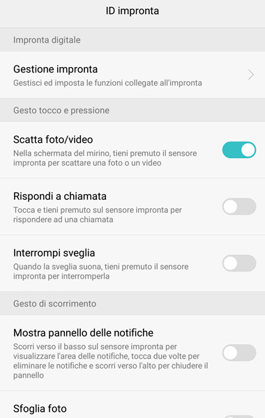 Impostazioni del sensore di impronte digitali sulla EMUI 4.1