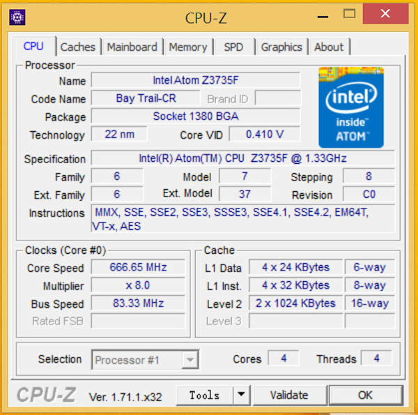 CPUZ: Intel Atom Z3735F